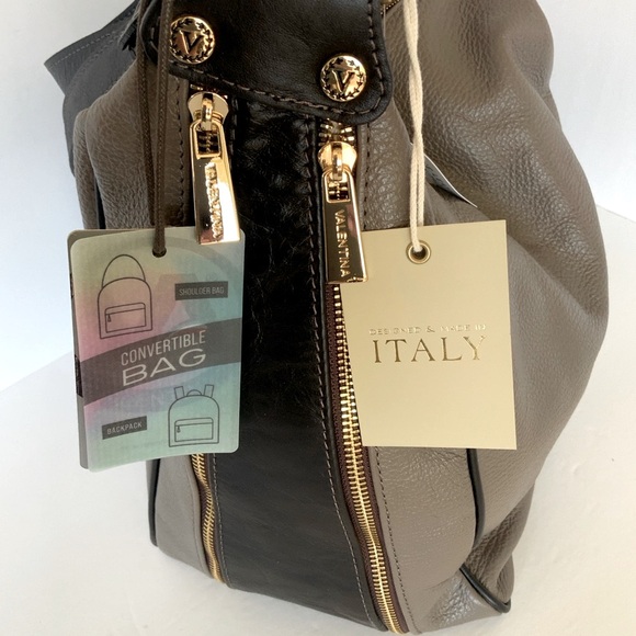 Valentina Hobo Shoulder Backpack Italian Taupe Black Leather NWT - Picture 3 of 16